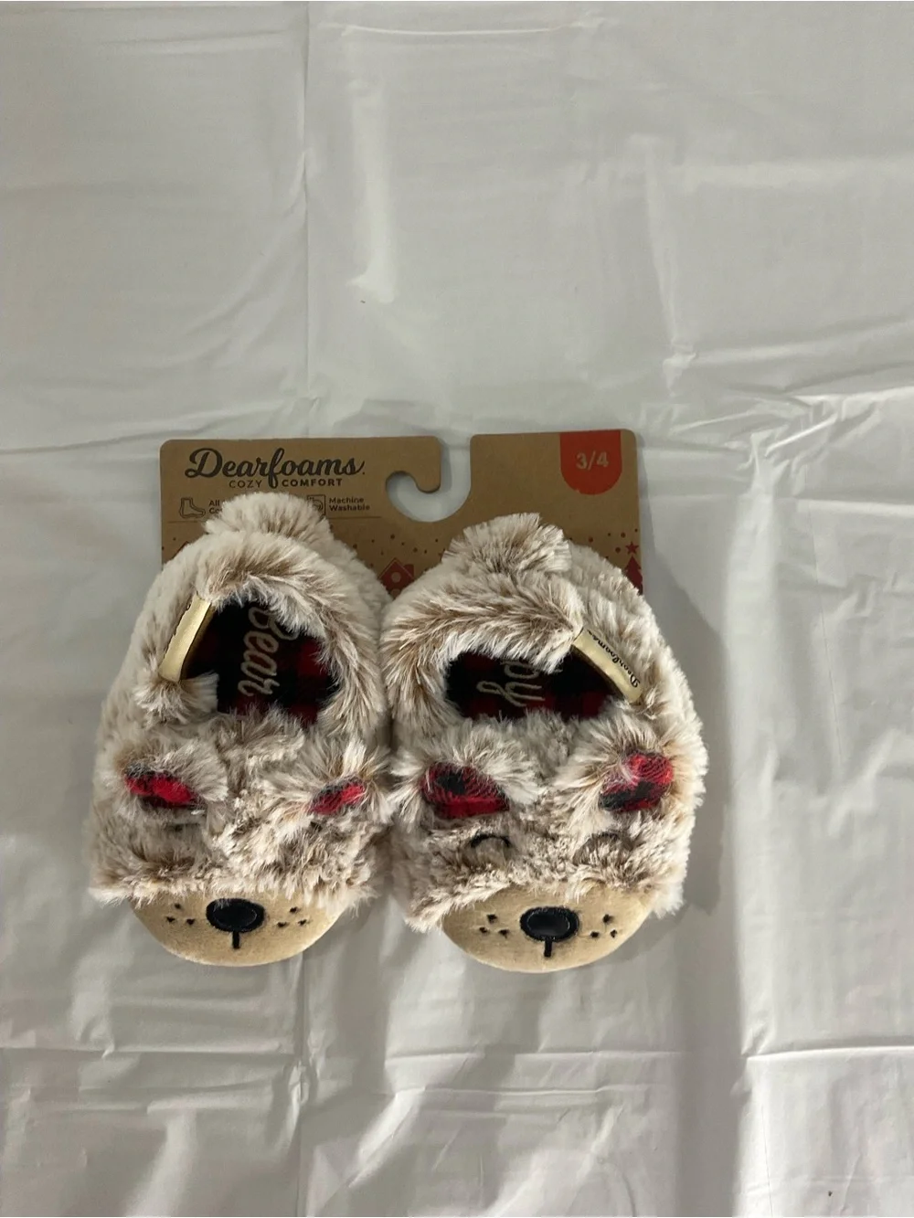 dearfoams Plush Bear Slip-On Slippers in Light Beige with Red Accents